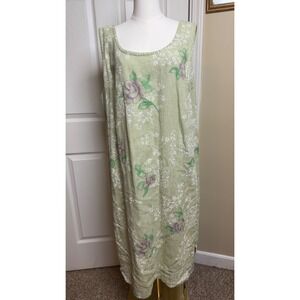Sweet Jessie Woman Green Floral 100% Linen Sleeveless Midi Dress Plus Size 2X